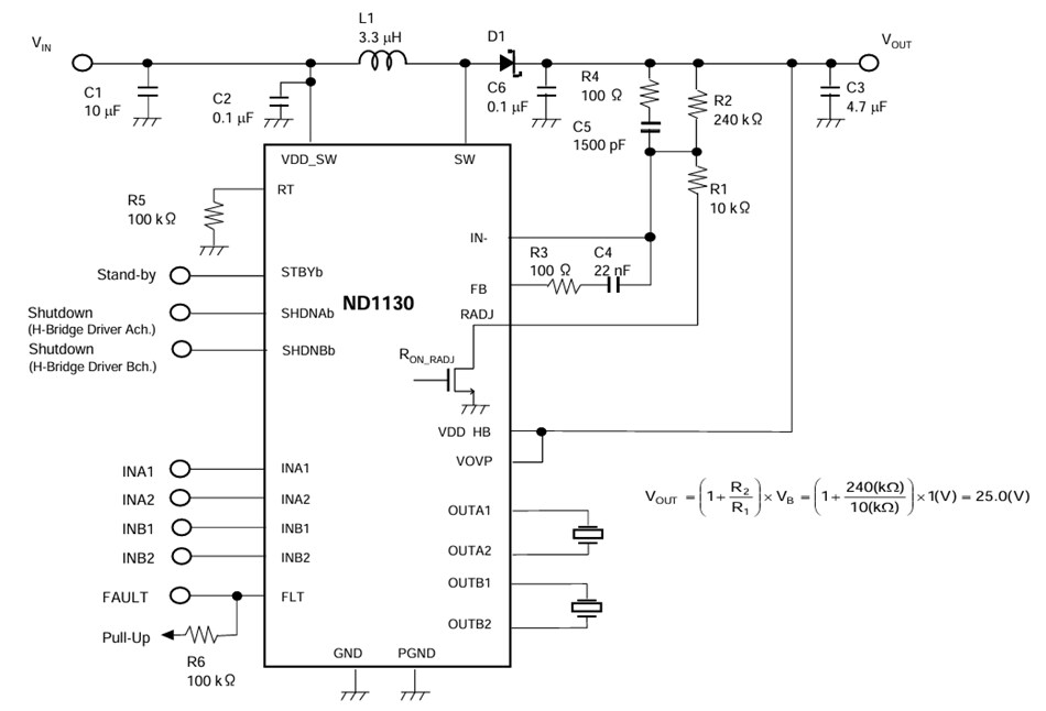 Application Circuit Diagram - Nisshinbo ND1130 Dual H-Bridge Driver with Boost Converter